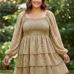 Smocked Square-Neck Tiered Midi Dress in Light Beige Floral